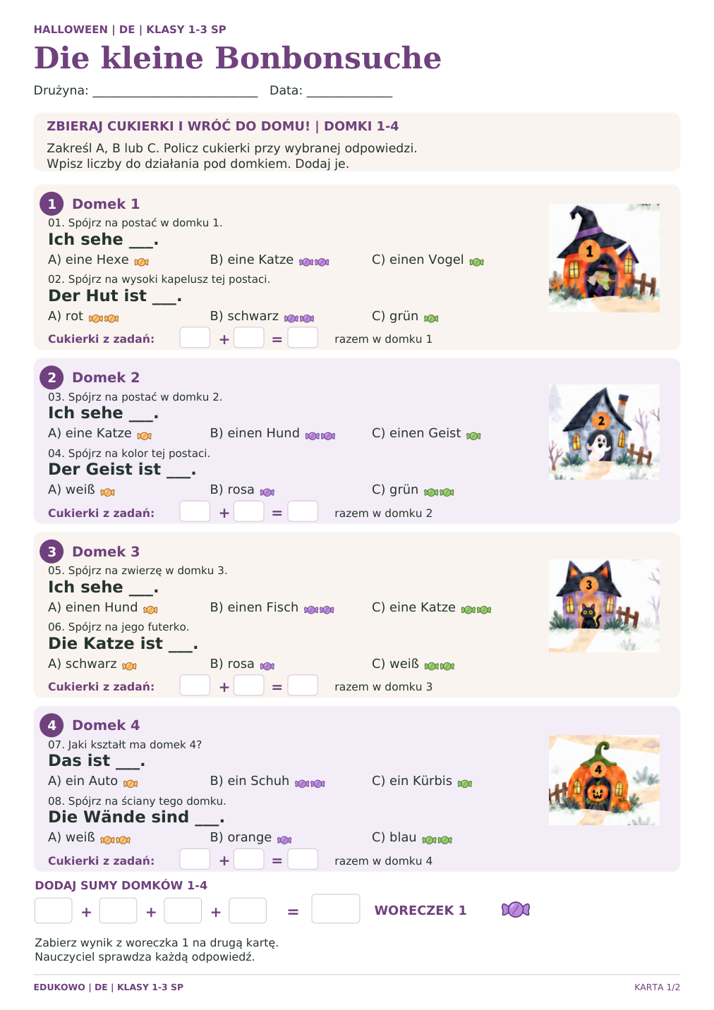 Halloween, klasy 1–3, niemiecki: karta 1 z 2 ze zbieraniem cukierków. Okrągłe, kolorowe cukierki i wyrównane podpisy.