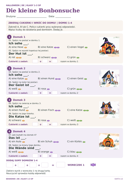 Halloween, klasy 1–3, niemiecki: karta 1 z 2 ze zbieraniem cukierków. Okrągłe, kolorowe cukierki i wyrównane podpisy.