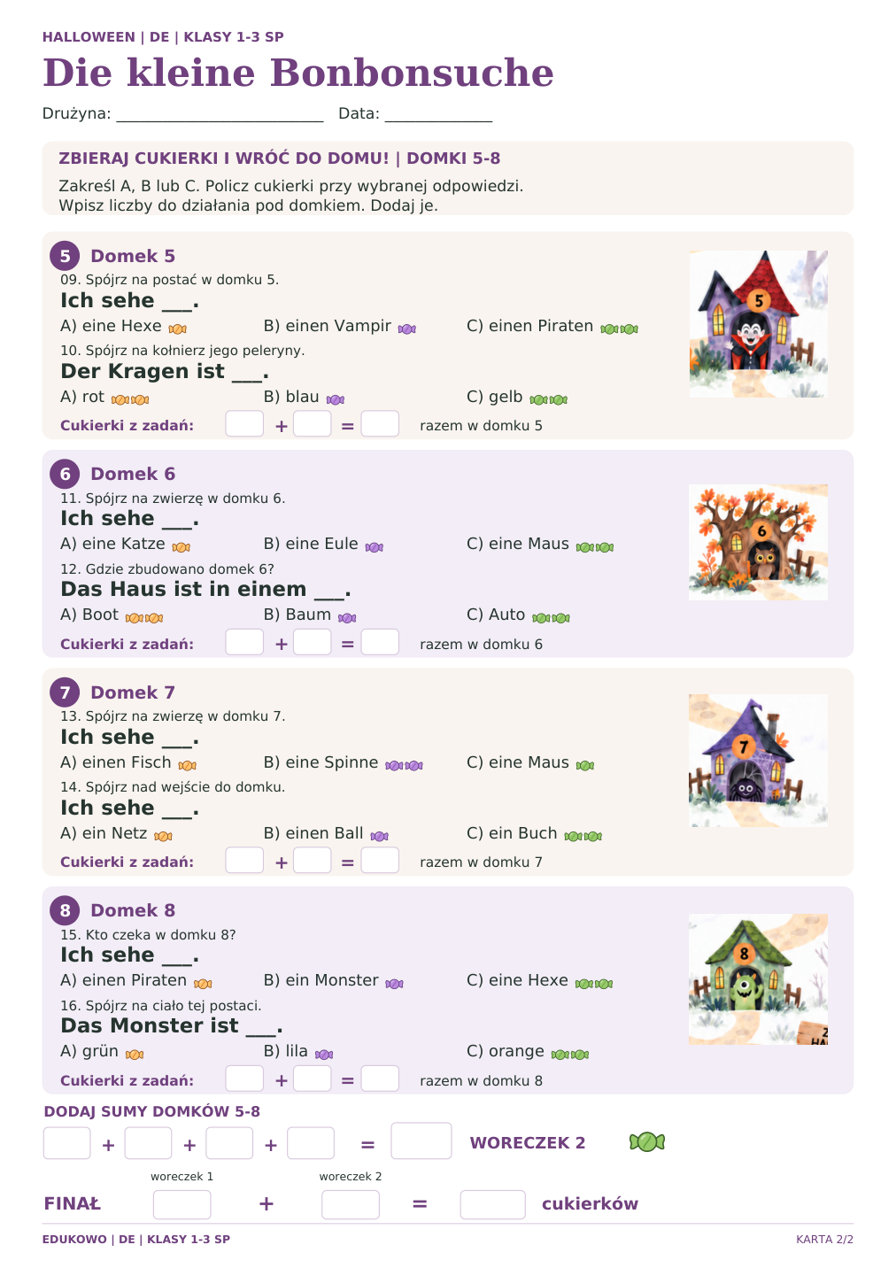 Halloween, klasy 1–3, niemiecki: karta 2 z 2 ze zbieraniem cukierków. Okrągłe, kolorowe cukierki i wyrównane podpisy.