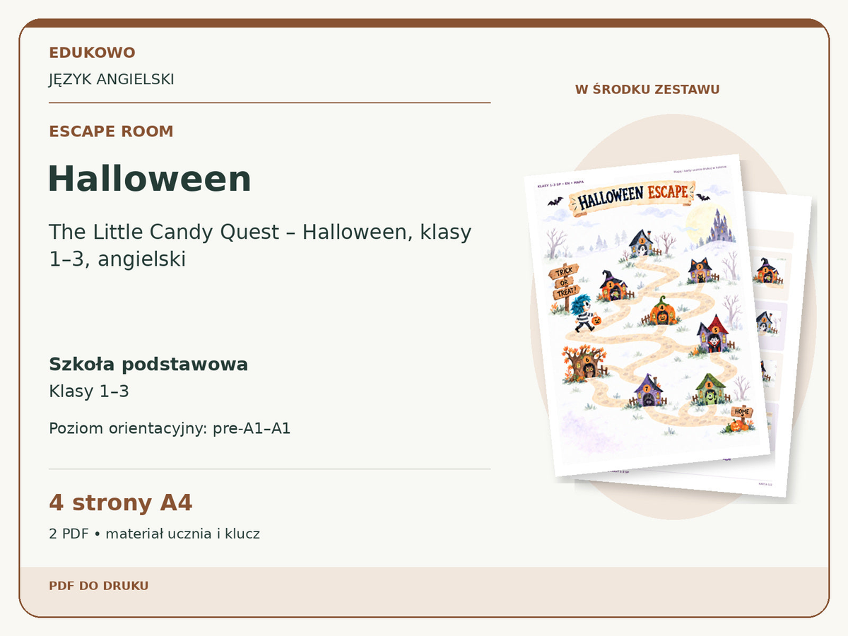 Halloween – Escape room. Język angielski. Szkoła podstawowa, klasy 1–3. Poziom orientacyjny pre-A1–A1. 4 strony A4. 2 PDF • materiał ucznia i klucz.