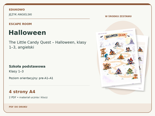 Halloween – Escape room. Język angielski. Szkoła podstawowa, klasy 1–3. Poziom orientacyjny pre-A1–A1. 4 strony A4. 2 PDF • materiał ucznia i klucz.