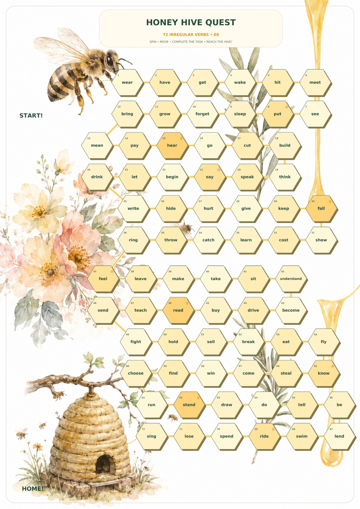 Pełna plansza Honey Hive Quest – 72 czasowniki nieregularne