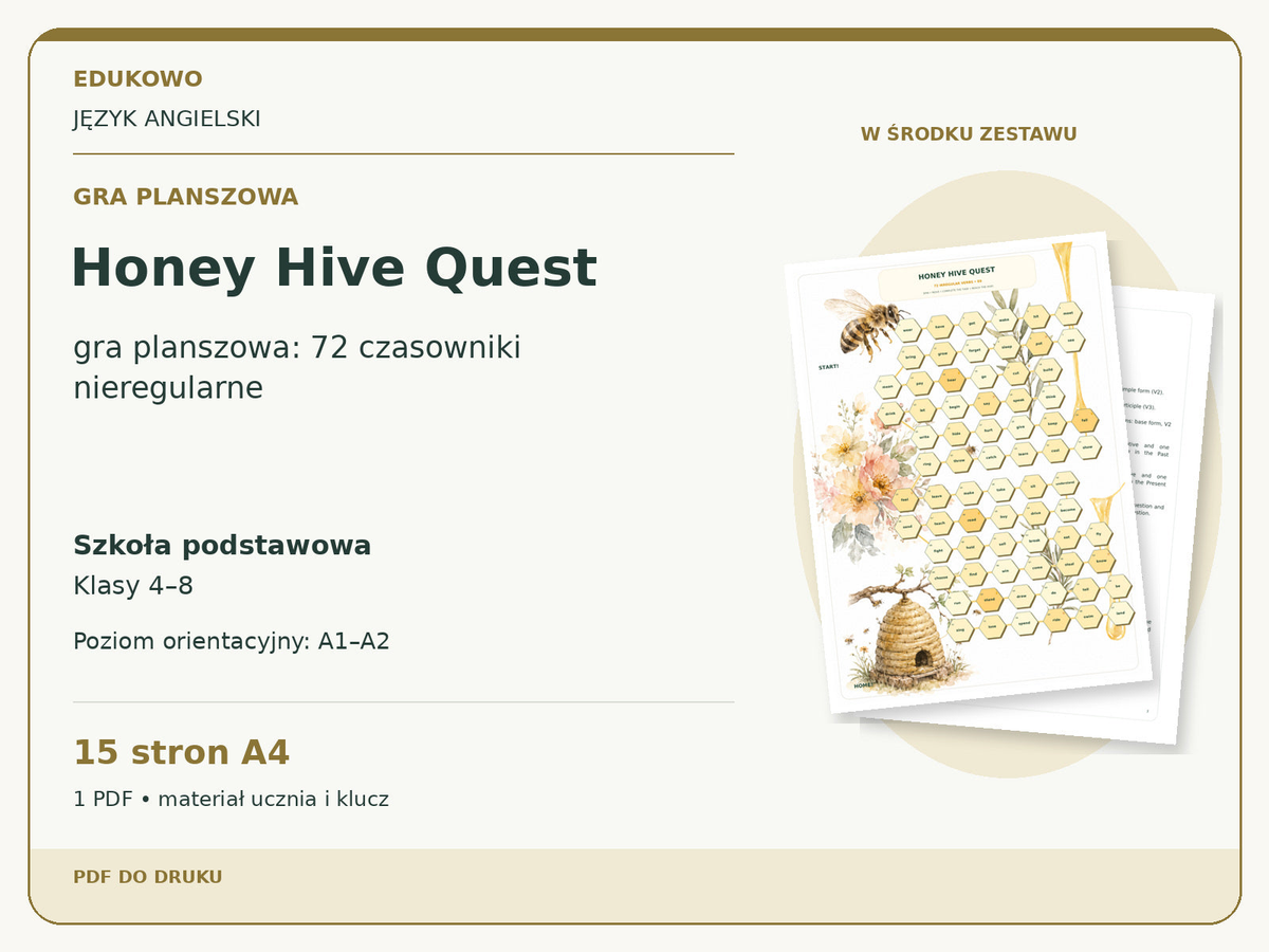 Honey Hive Quest – Gra planszowa. Język angielski. Szkoła podstawowa, klasy 4–8. Poziom orientacyjny A1–A2. 15 stron A4. 1 PDF • materiał ucznia i klucz.