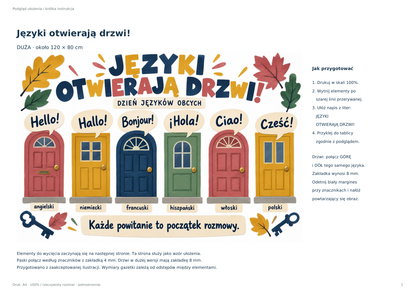 Duża gazetka Języki otwierają drzwi – podgląd ułożenia i instrukcja, około 120 × 80 cm