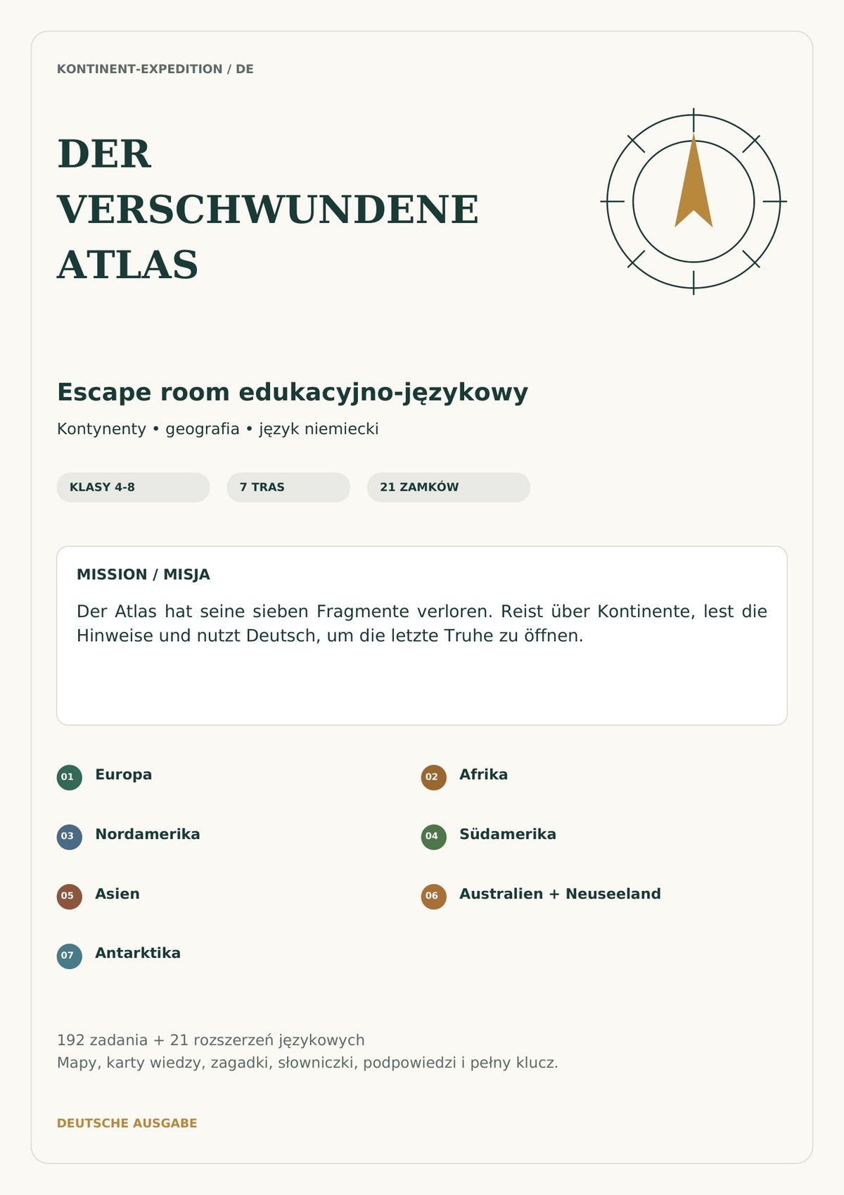 Escape room kontynenty DE, klasy 4-8, wersja fabularna, pełna strona 1 z 53