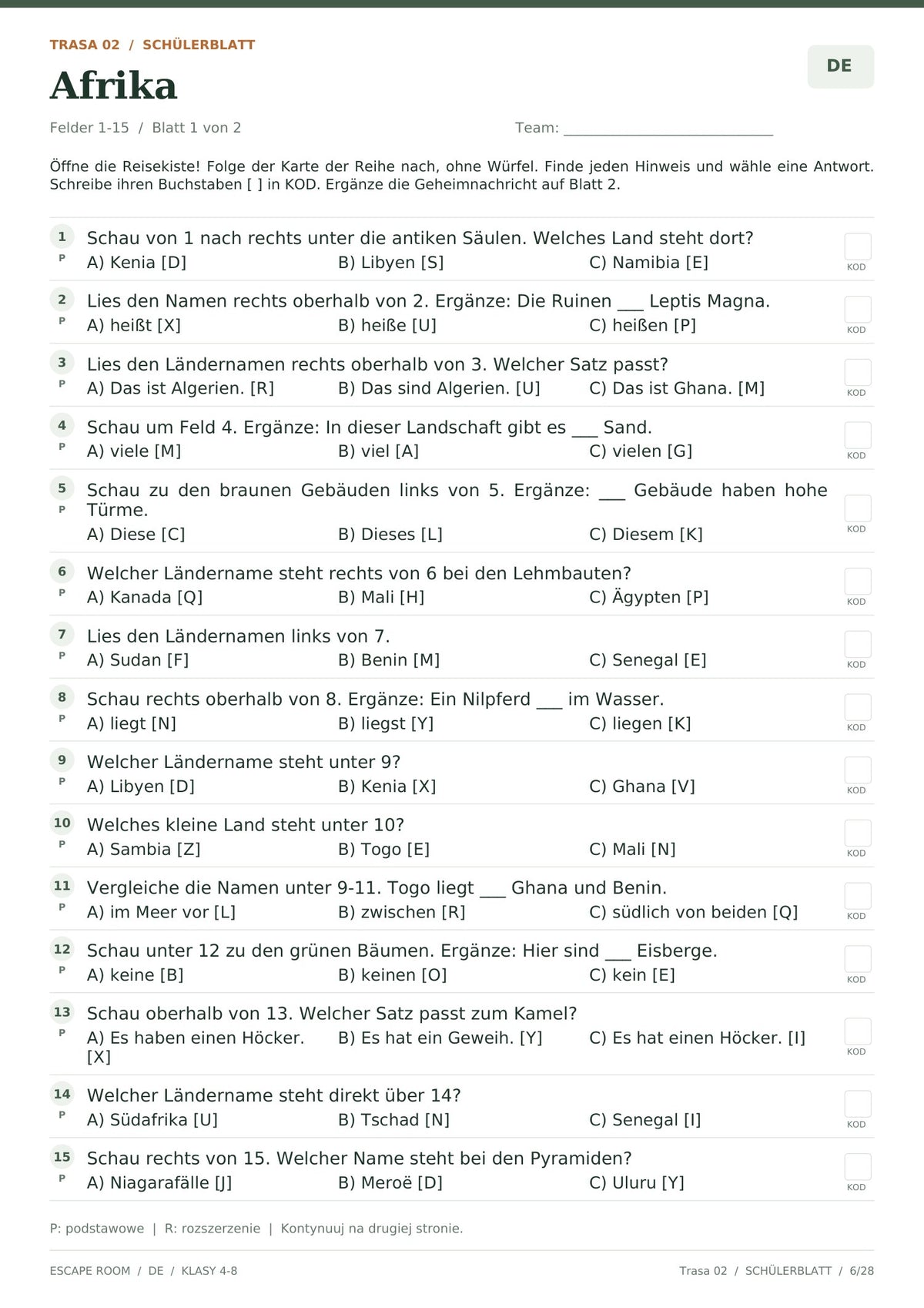 Escape room kontynenty DE, klasy 4-8, wersja klasyczna, pełna strona 6 z 28