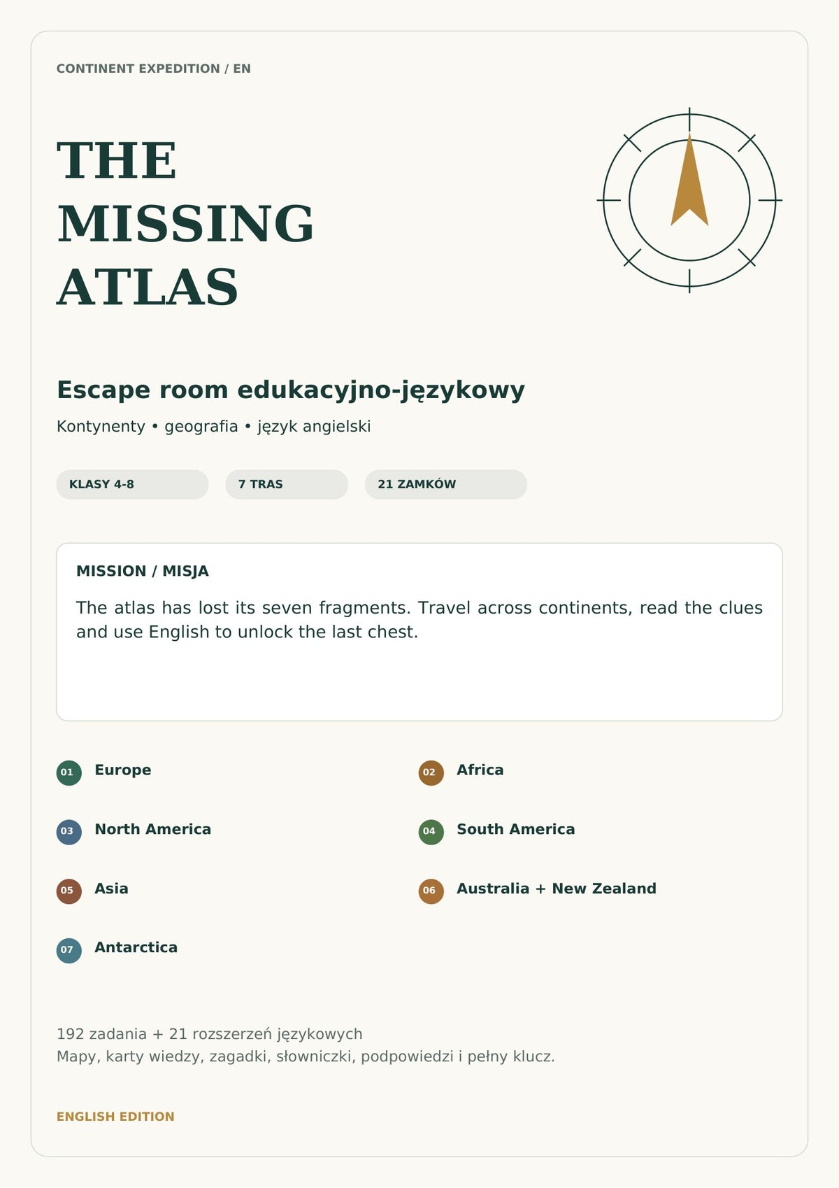 Escape room kontynenty EN, klasy 4-8, wersja fabularna, pełna strona 1 z 53