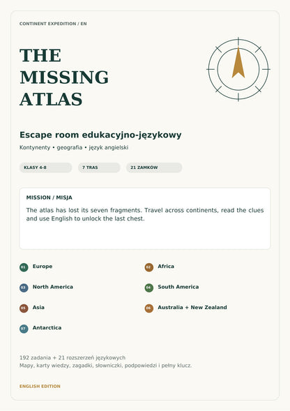 Escape room kontynenty EN, klasy 4-8, wersja fabularna, pełna strona 1 z 53