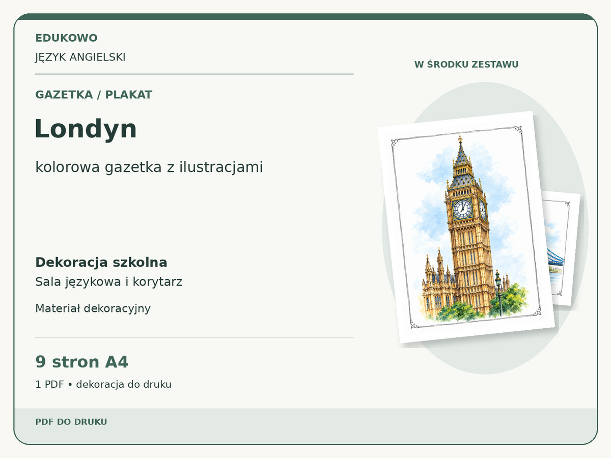 Londyn – Gazetka / plakat. Język angielski. Dekoracja szkolna, sala językowa i korytarz. 9 stron A4. 1 PDF • dekoracja do druku.