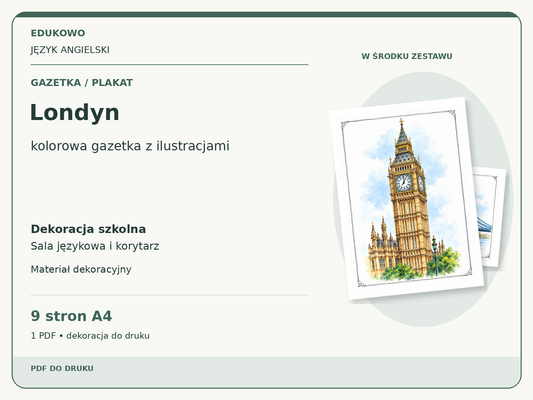 Londyn – Gazetka / plakat. Język angielski. Dekoracja szkolna, sala językowa i korytarz. 9 stron A4. 1 PDF • dekoracja do druku.