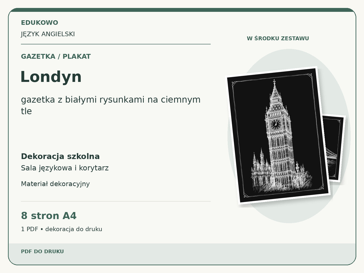 Londyn – Gazetka / plakat. Język angielski. Dekoracja szkolna, sala językowa i korytarz. 8 stron A4. 1 PDF • dekoracja do druku.