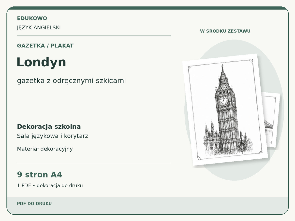 Londyn – Gazetka / plakat. Język angielski. Dekoracja szkolna, sala językowa i korytarz. 9 stron A4. 1 PDF • dekoracja do druku.