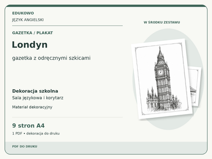 Londyn – Gazetka / plakat. Język angielski. Dekoracja szkolna, sala językowa i korytarz. 9 stron A4. 1 PDF • dekoracja do druku.