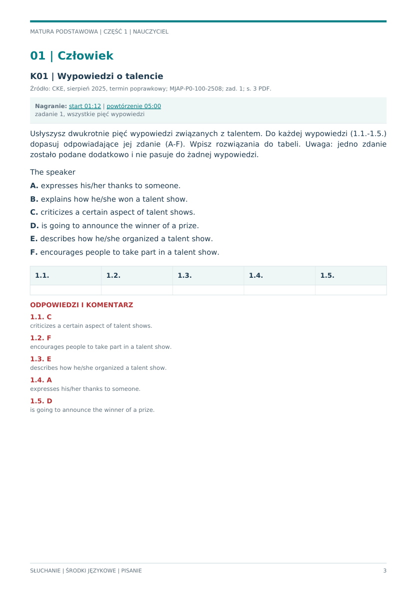 Matura pisemna – przykładowe zadanie z linkiem do nagrania i odpowiedziami nauczyciela