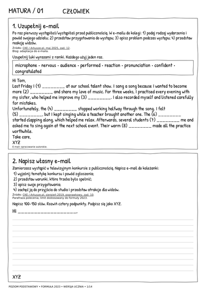 Matura podstawowa – e-mail, karta ucznia 1/14
