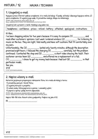 Matura podstawowa – e-mail, karta ucznia 12/14