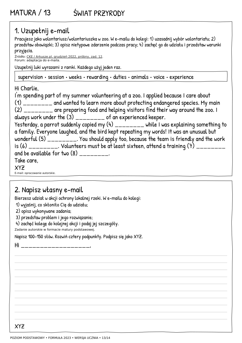 Matura podstawowa – e-mail, karta ucznia 13/14