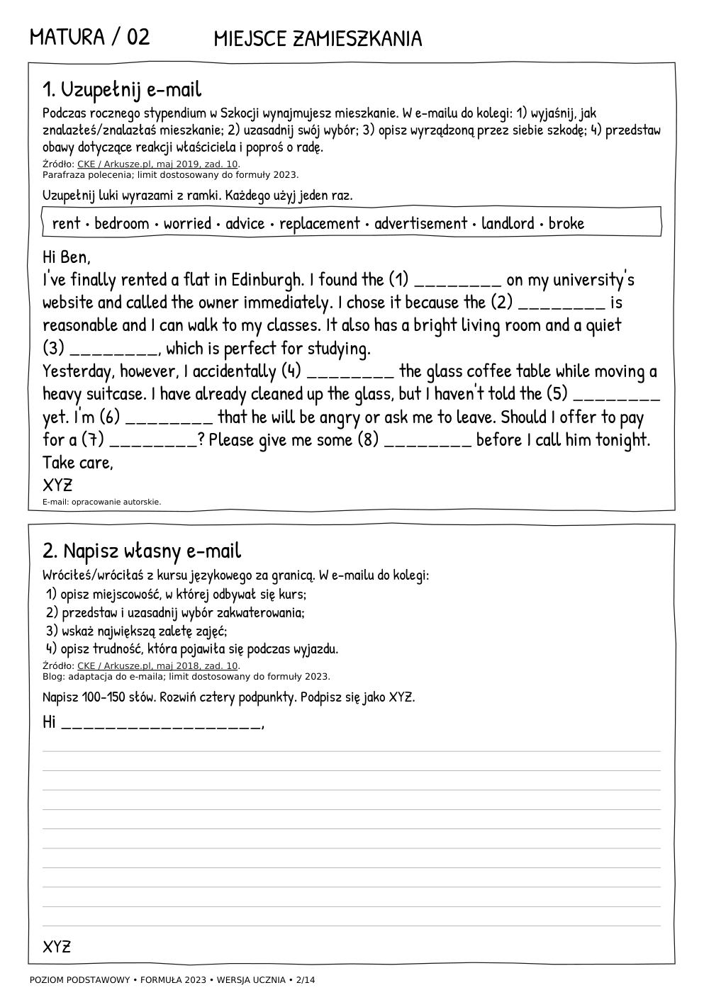 Matura podstawowa – e-mail, karta ucznia 2/14