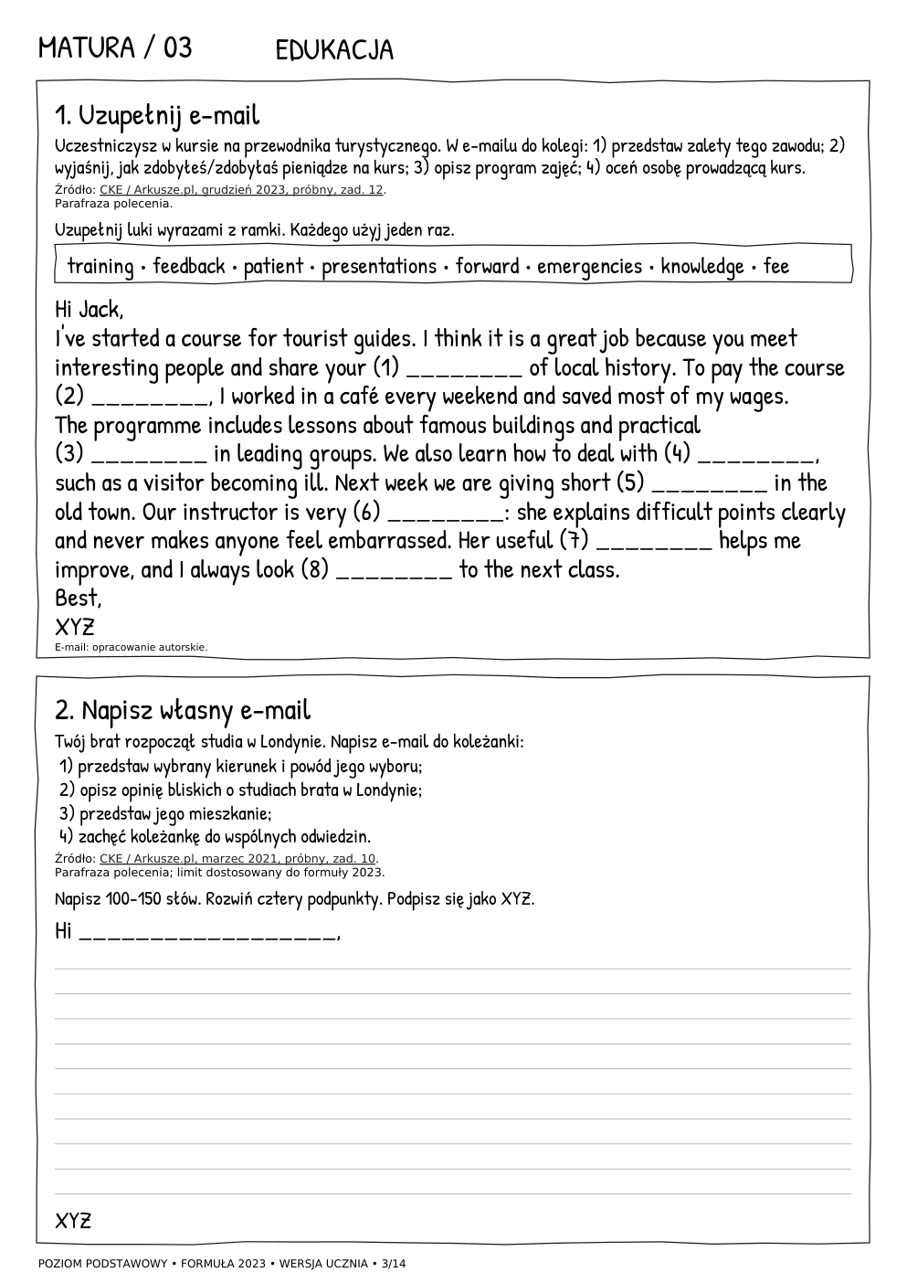 Matura podstawowa – e-mail, karta ucznia 3/14