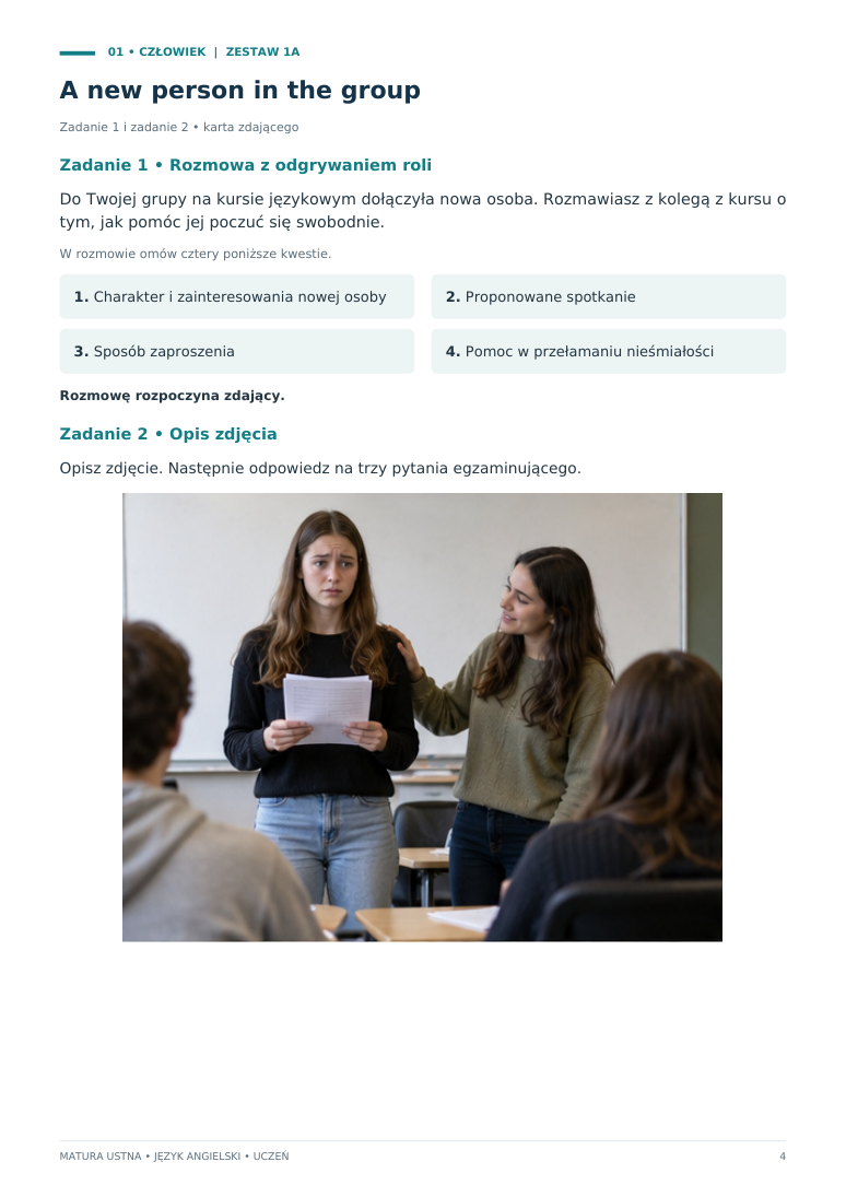 Matura ustna – karta ucznia: rozmowa z odgrywaniem roli i opis zdjęcia