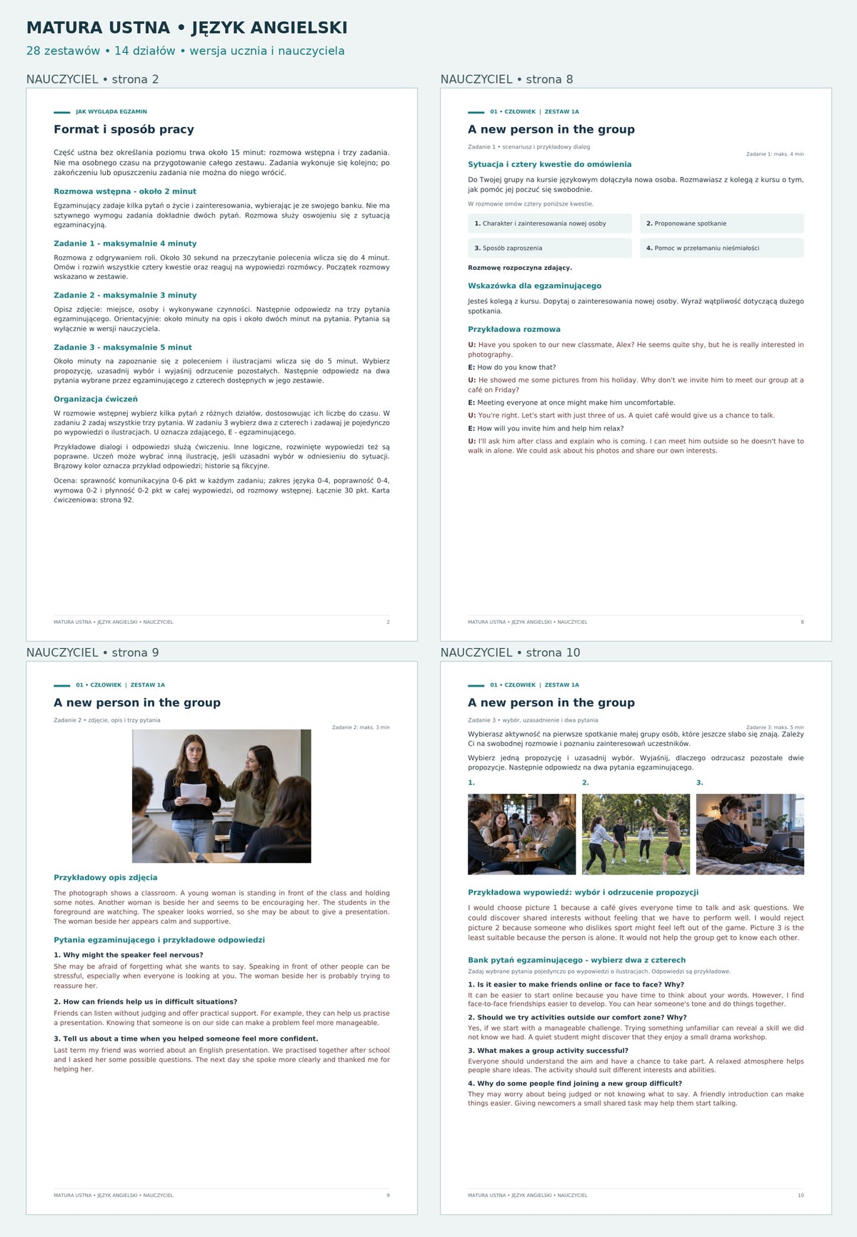 Matura ustna – angielski. Aktualny podgląd 4/5, cztery strony wersji nauczyciela z pytaniami i przykładowymi odpowiedziami.