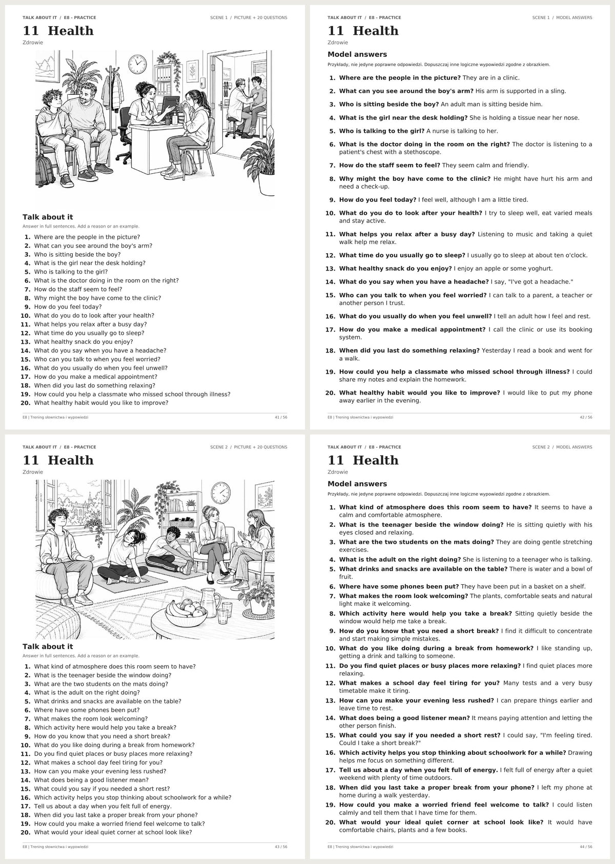 Speaking – angielski | obrazki, pytania i odpowiedzi. Dział 11: Zdrowie. Podgląd stron 41–44 z 56.
