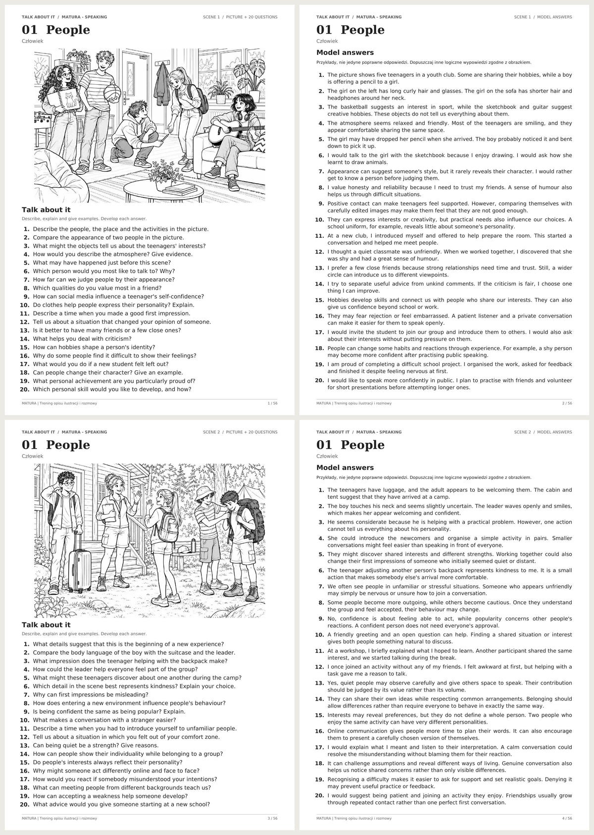 Speaking – angielski matura | obrazki, pytania i odpowiedzi. Dział 1: Człowiek. Podgląd stron 1–4 z 56.