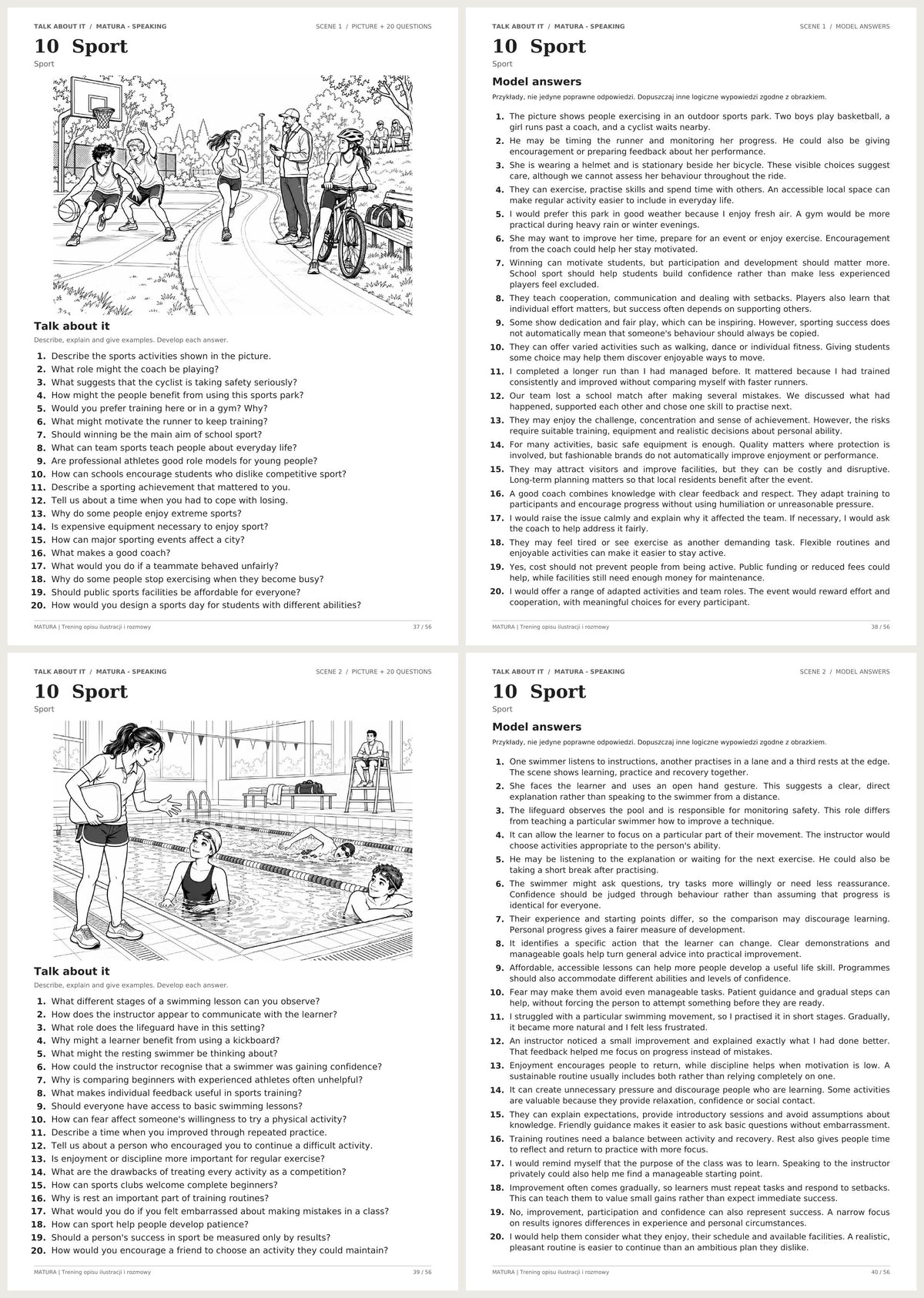 Speaking – angielski matura | obrazki, pytania i odpowiedzi. Dział 10: Sport. Podgląd stron 37–40 z 56.