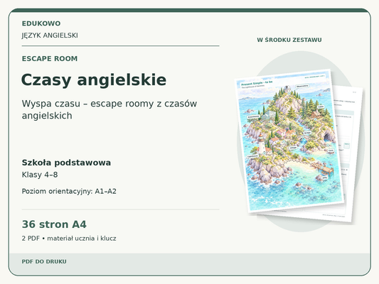 Czasy angielskie – Escape room. Język angielski. Szkoła podstawowa, klasy 4–8. Poziom orientacyjny A1–A2. 36 stron A4. 2 PDF • materiał ucznia i klucz.